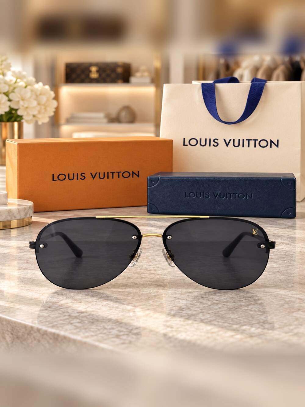 Louis Vuitton Black Gold Pilot Shades